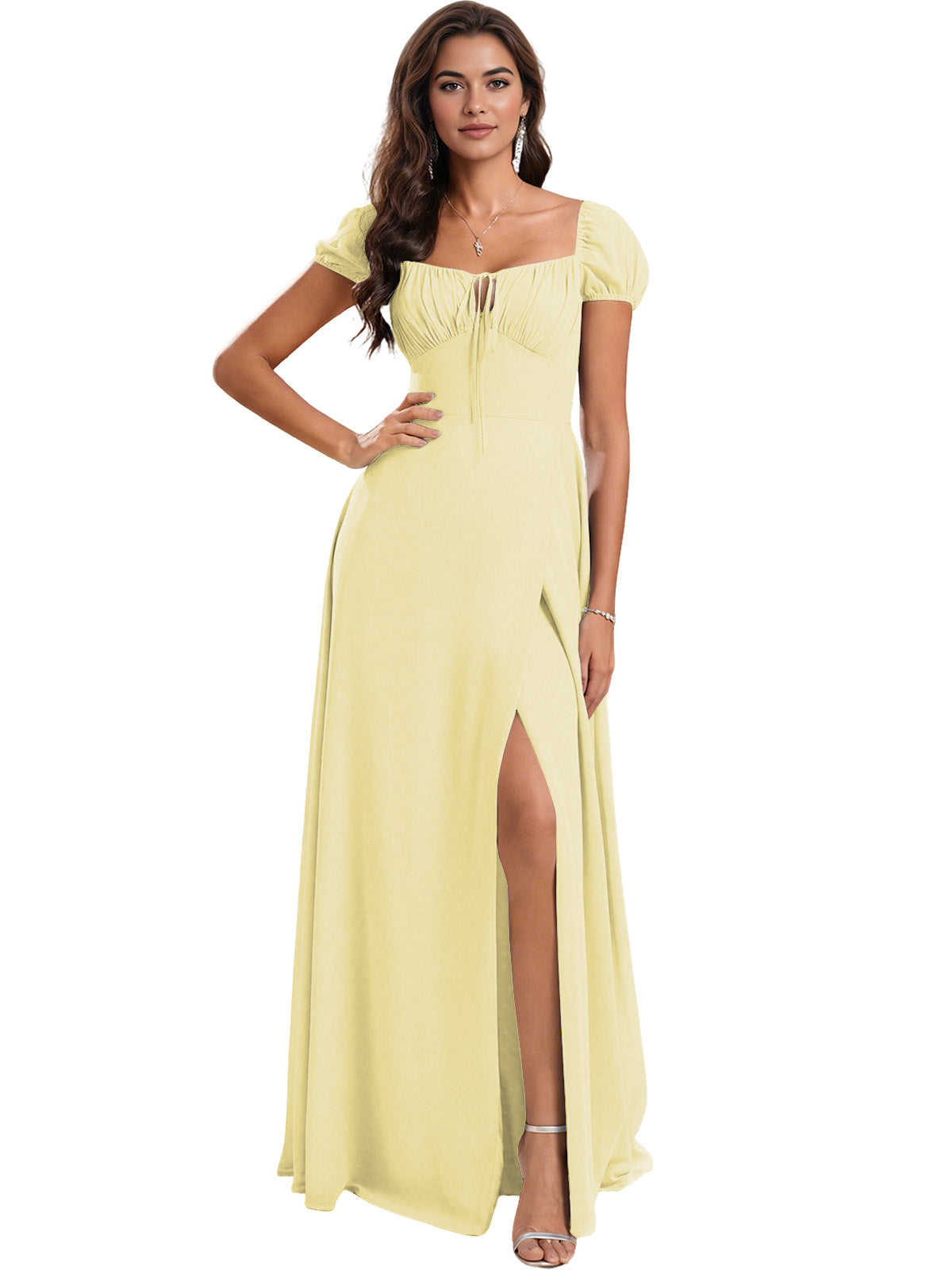 Ruched Short Sleeve Chiffon Bridesmaid Dress with Side Slit