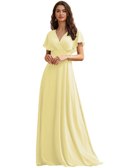Flutter Sleeve V-Neck Chiffon Bridesmaid Dress with Flowing dress