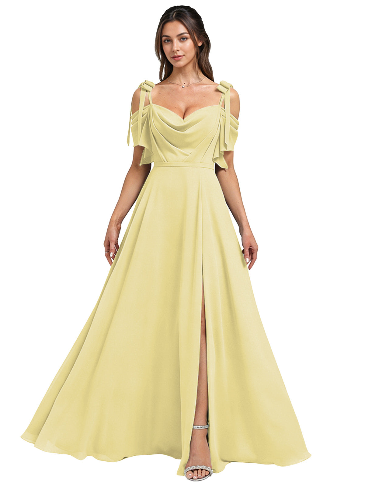 Cowl Neck Cold Shoulder Bridesmaid Dress with High Slit Chiffon Dress