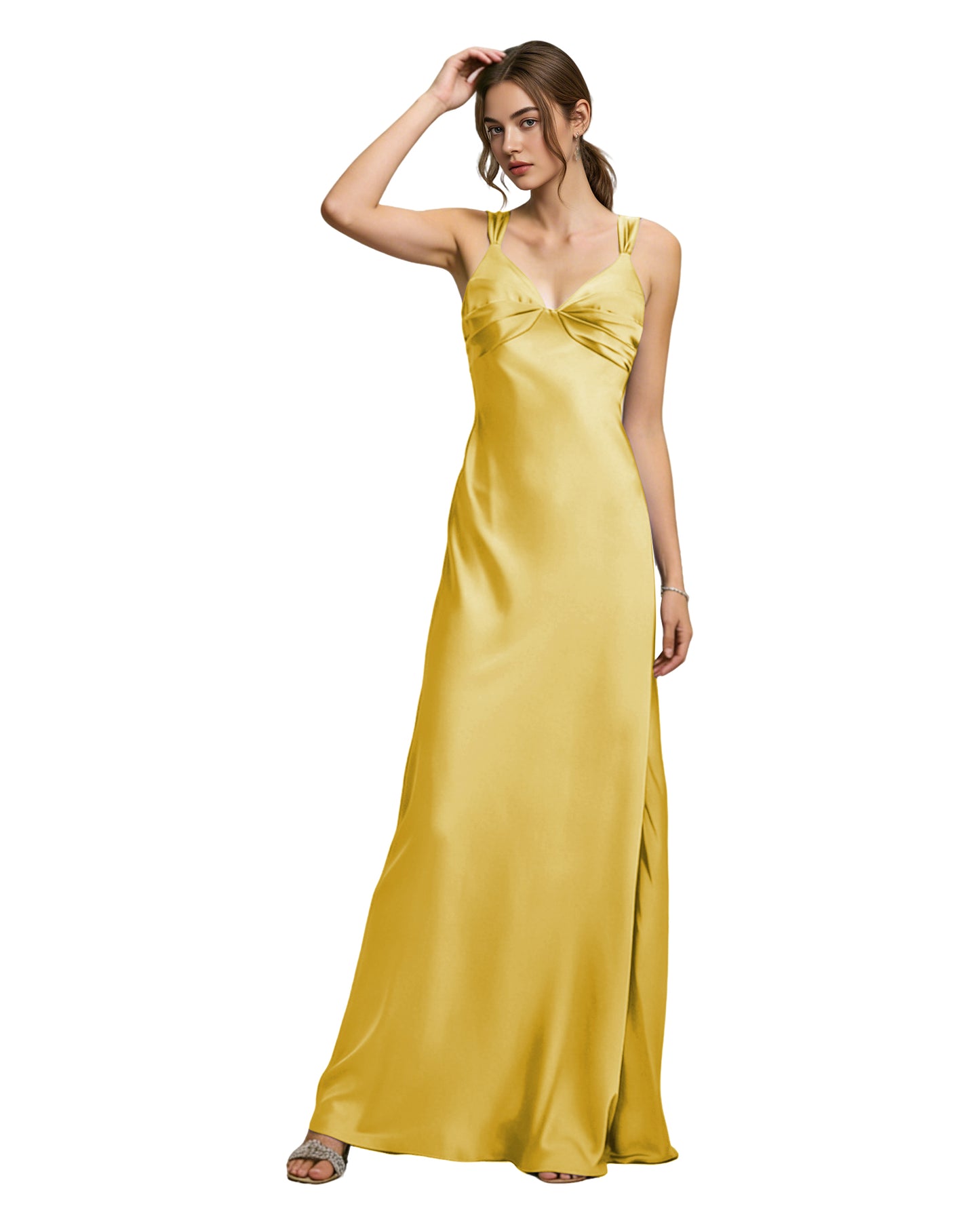 Satin Cowl Neck Bridesmaid Dress with Spaghetti Straps and Bias Cut