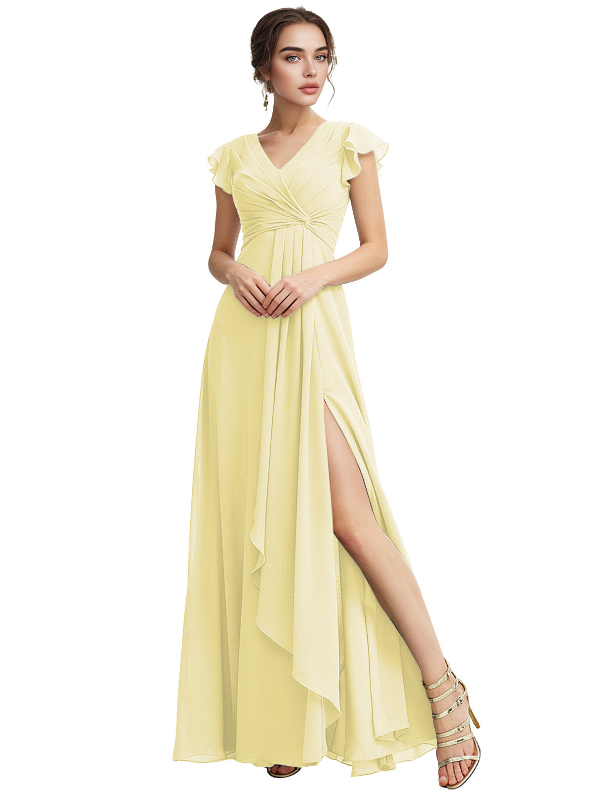 Cap Sleeve Chiffon Bridesmaid Dress with Ruffle V-Neck and Slit
