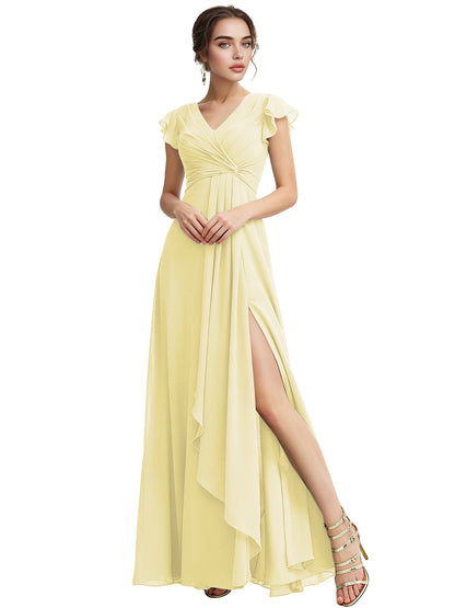 Cap Sleeve Chiffon Bridesmaid Dress with Ruffle V-Neck and Slit