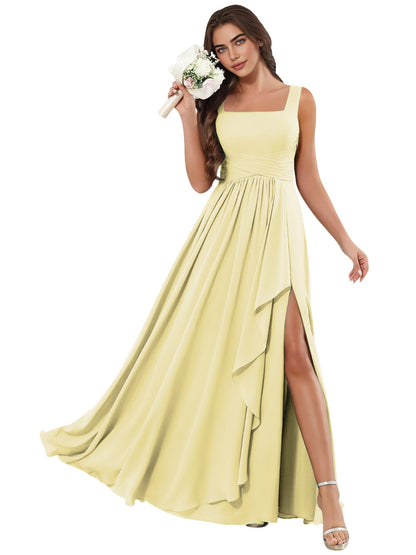 Square Neck Chiffon Bridesmaid Dress with Corset Back and Slit