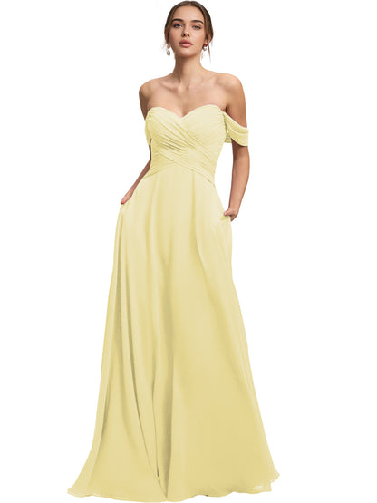 Off Shoulder Chiffon Bridesmaid Dress with Draped Bodice and A-Line Dress