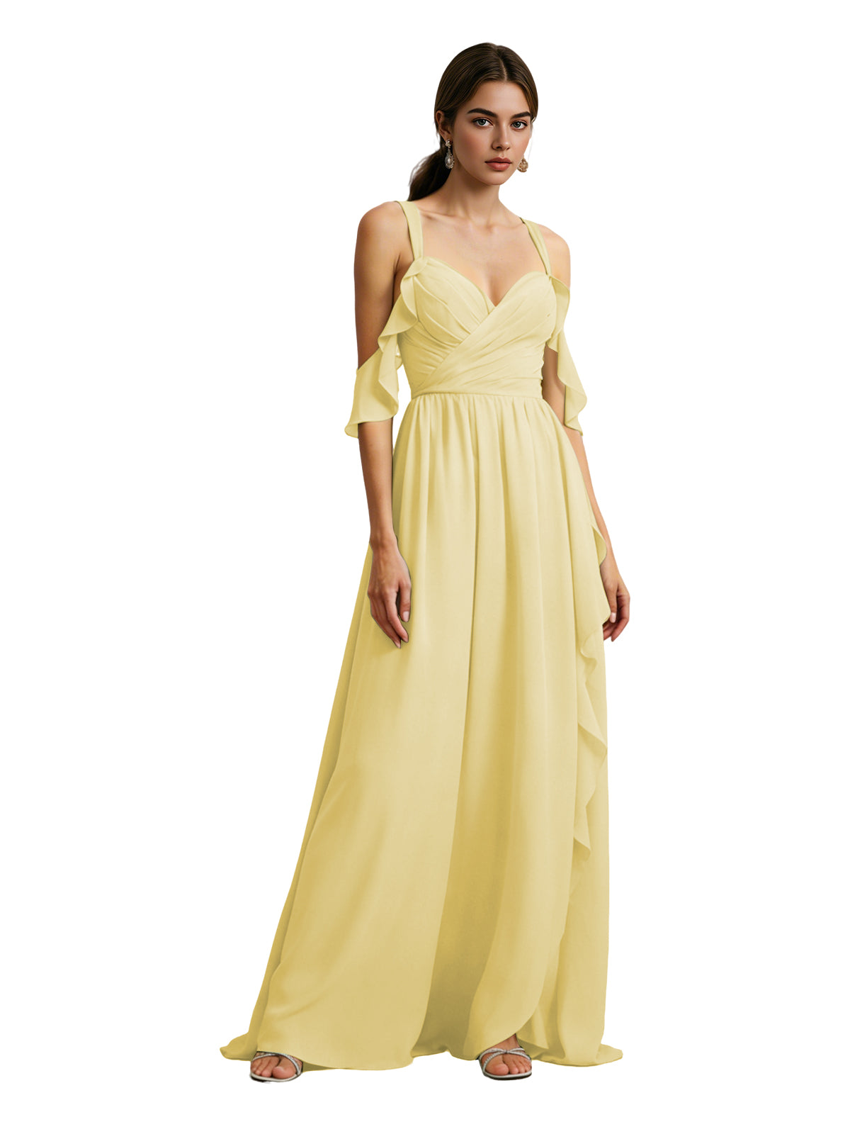 Cold Shoulder Chiffon Bridesmaid Dress with Draped V-Neck Bodice