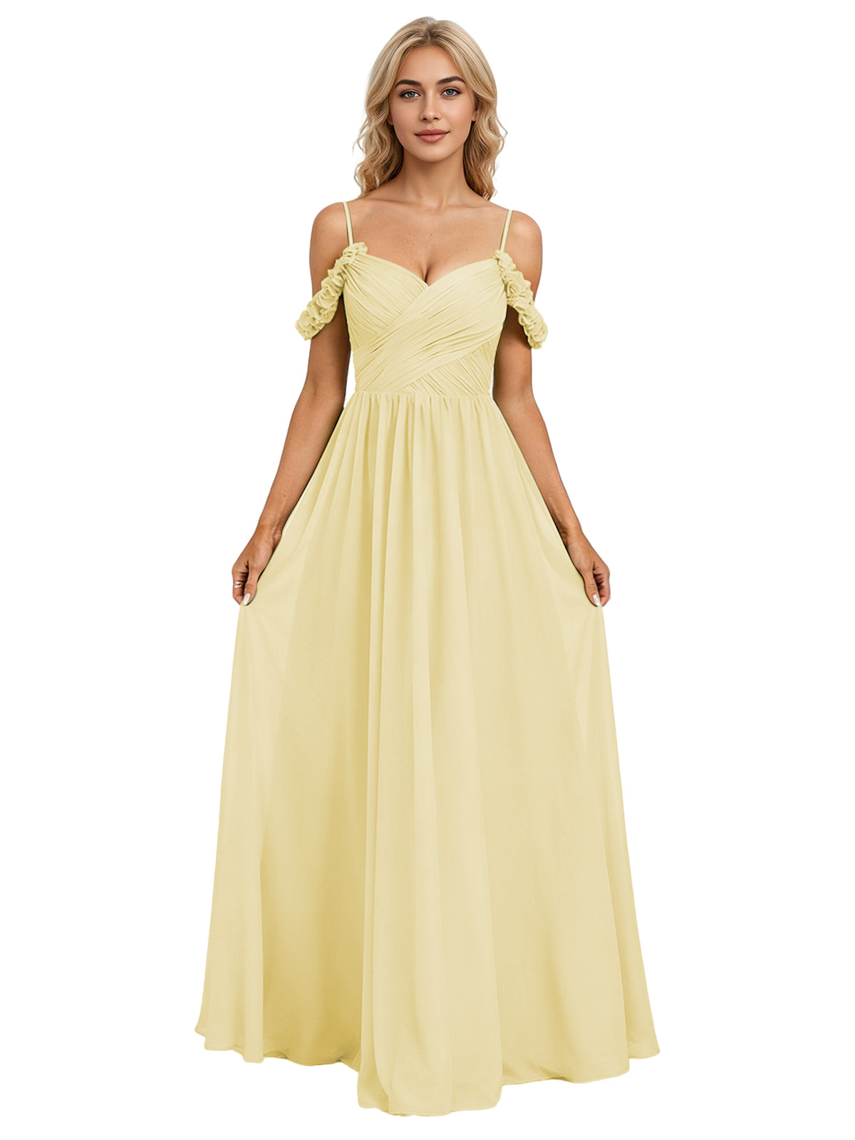 Off Shoulder Lace Applique Bridesmaid Dress with Flowing Chiffon dress