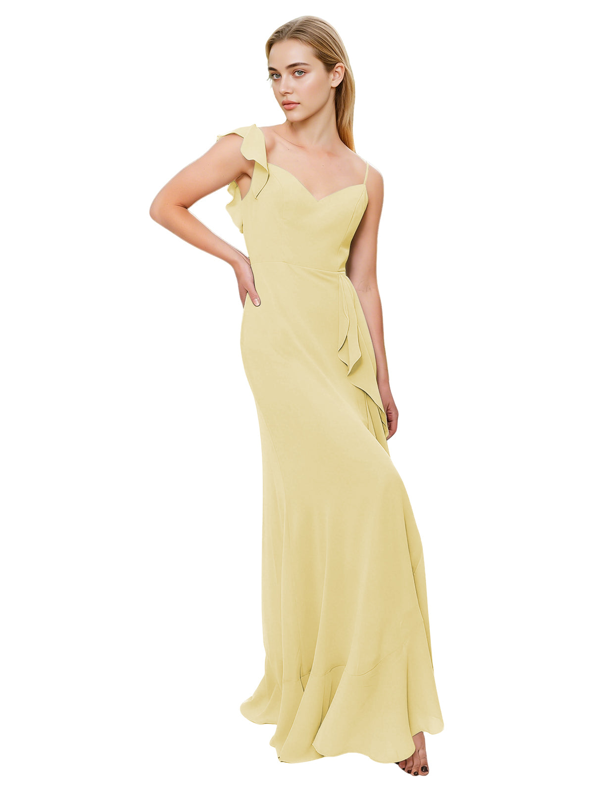 V-Neck Ruffle Strap Bridesmaid Dress with Cascading Chiffon Dress