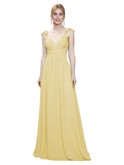 Ruffle Strap V-Neck Tulle Bridesmaid Dress with Pleated Waist