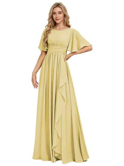Flutter Sleeve Chiffon Bridesmaid Dress with Tiered Front Ruffle