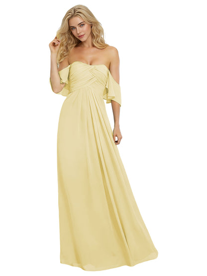 Off Shoulder Chiffon Bridesmaid Dress with Bow Sleeve Detail