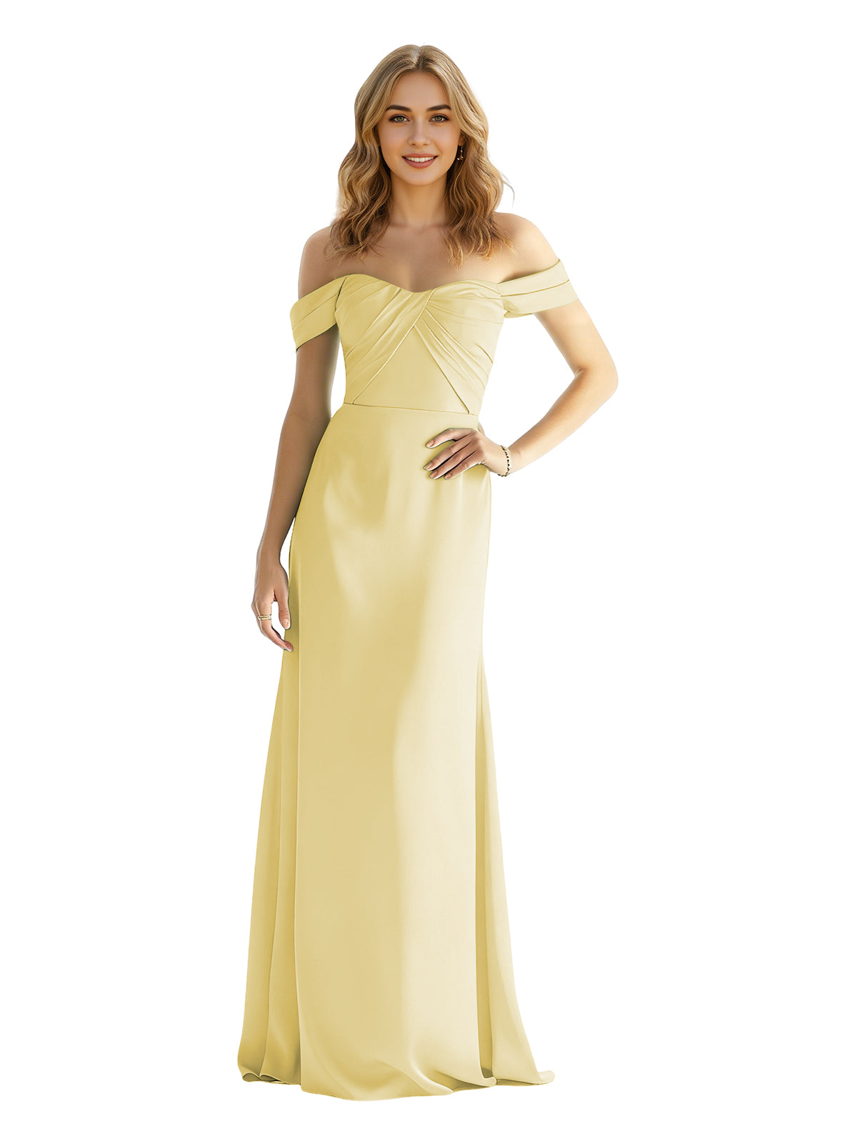 Sweetheart Off Shoulder Satin Bridesmaid Dress with Wrapped Bodice