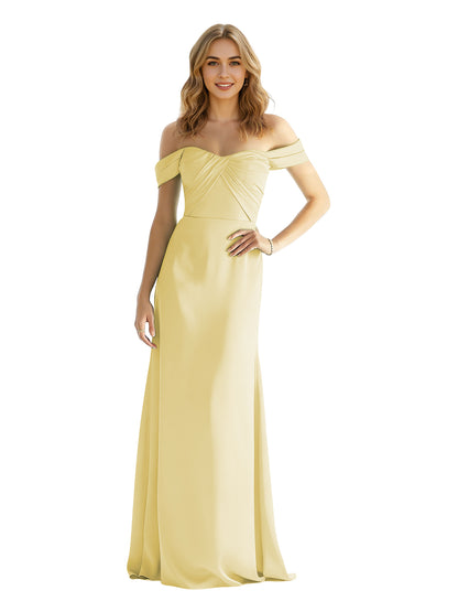 Sweetheart Off Shoulder Satin Bridesmaid Dress with Wrapped Bodice