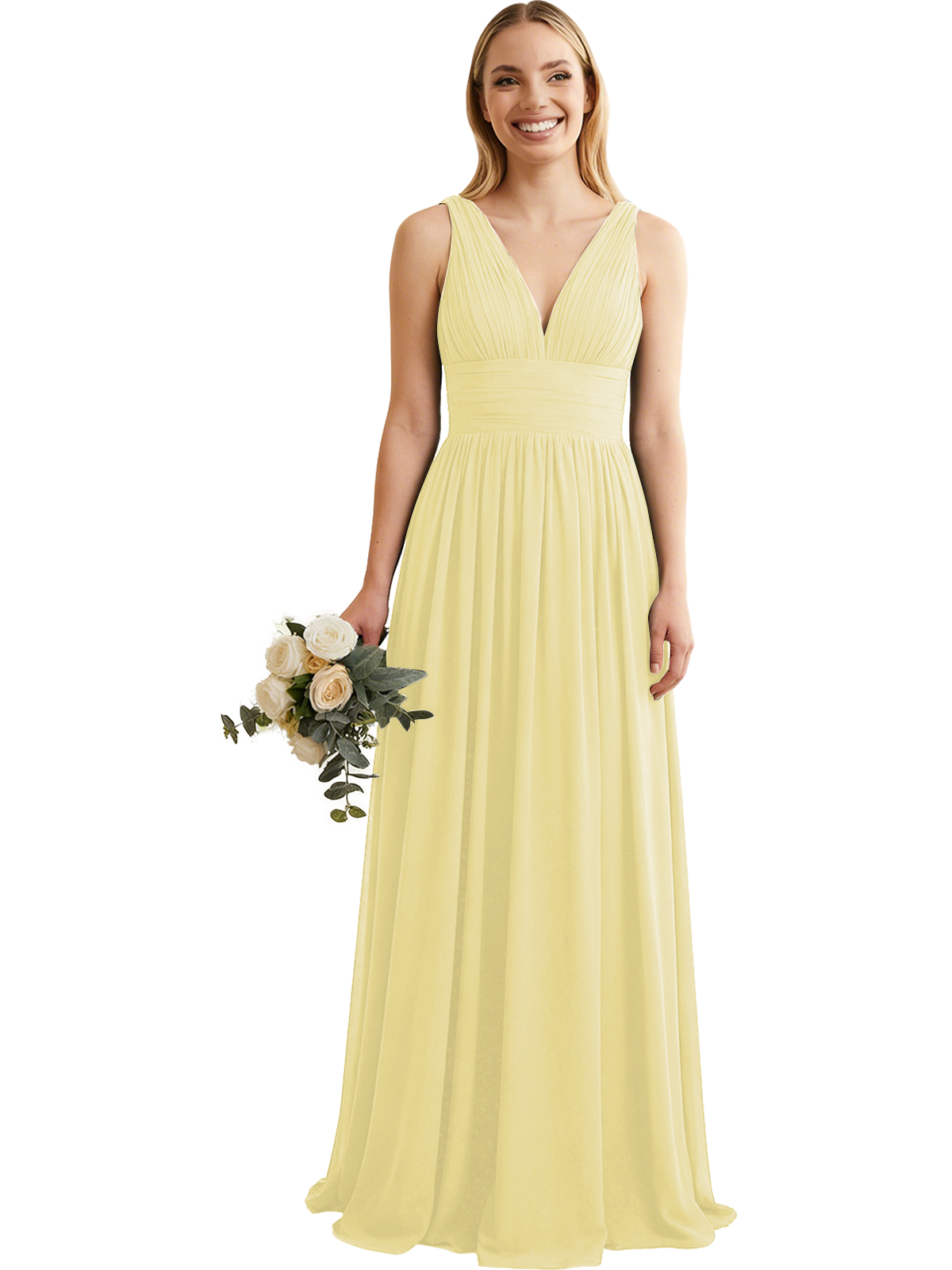 Deep V-Neck Chiffon Bridesmaid Dress with Pleated Waist