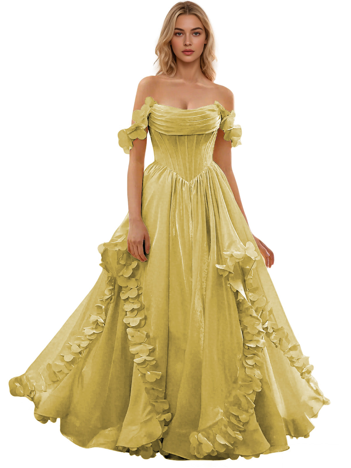 Off Shoulder Ruffle Tulle Ball Gown Prom Dress with Floral Applique