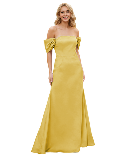 Off Shoulder Satin Bridesmaid Dress with Foldover Neckline and Trumpet Dress