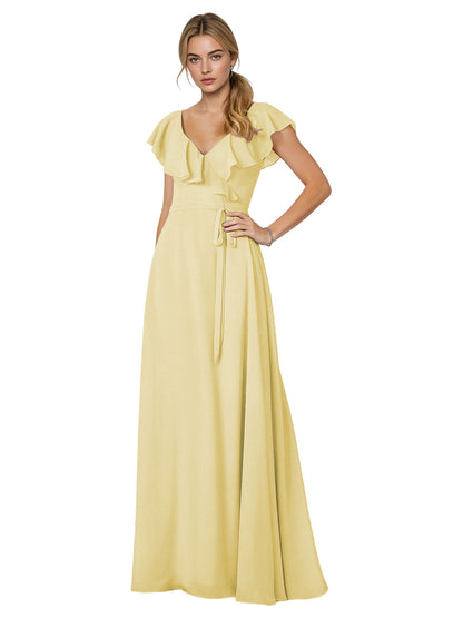 Tie Neck Chiffon Bridesmaid Dress with Flutter Sleeves