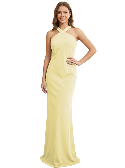 High Neck Halter Bridesmaid Dress with Sleek Column Silhouette