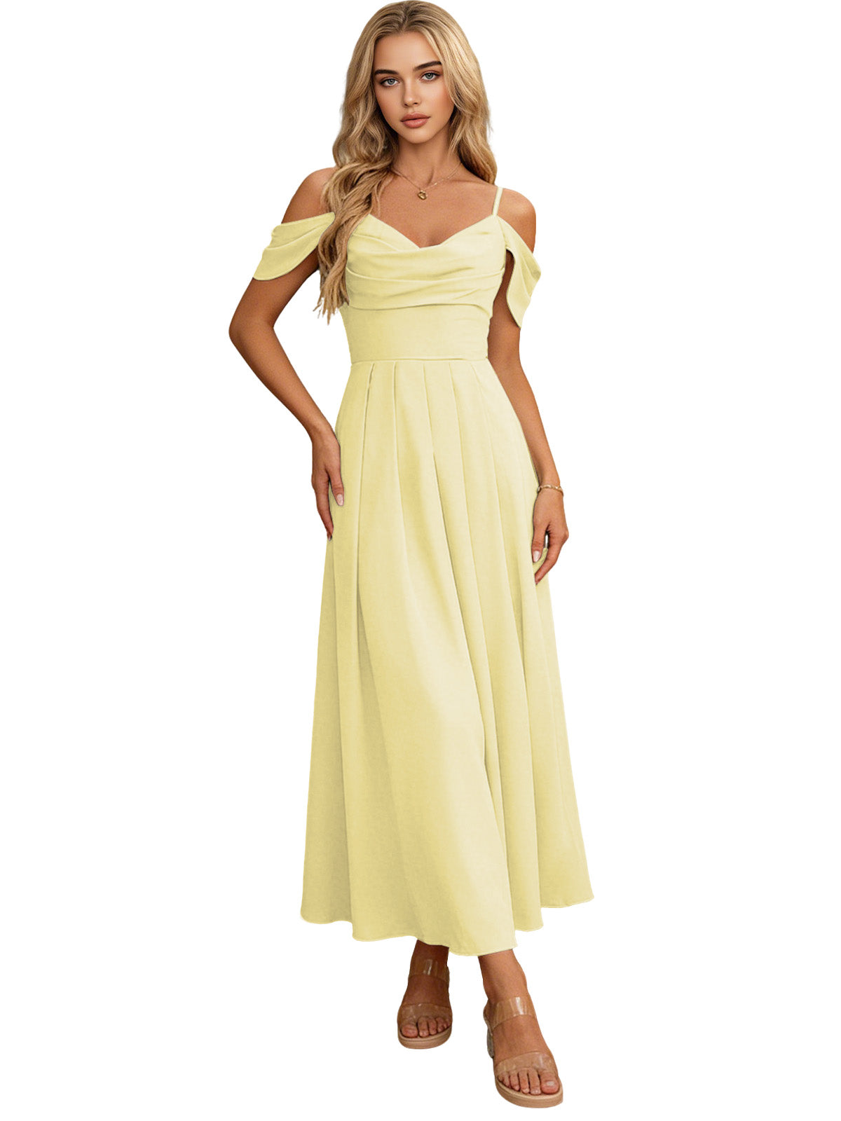 Off Shoulder Midi Bridesmaid Dress with Pleated Bodice and Flowing dress