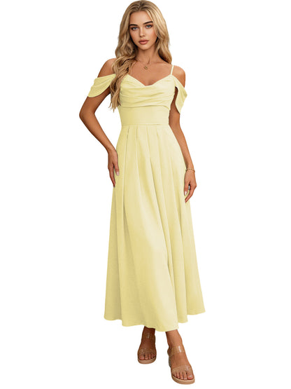Off Shoulder Midi Bridesmaid Dress with Pleated Bodice and Flowing dress