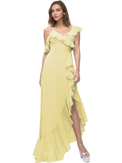 Asymmetrical Ruffle Chiffon Bridesmaid Dress with High Low Slit