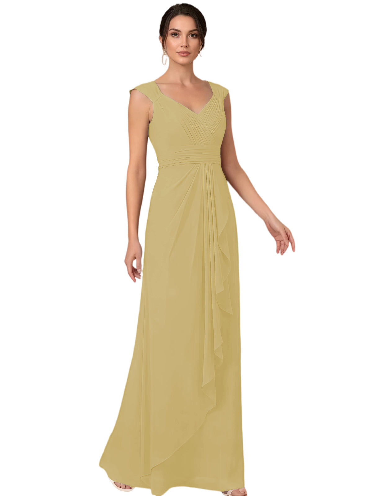 Mother of the Bride Dress Long Sleeveless V-Neck Chiffon Formal Gown with Ruffle Detail