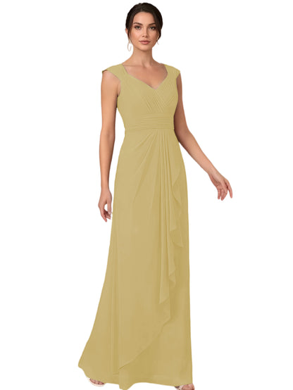 Mother of the Bride Dress Long Sleeveless V-Neck Chiffon Formal Gown with Ruffle Detail