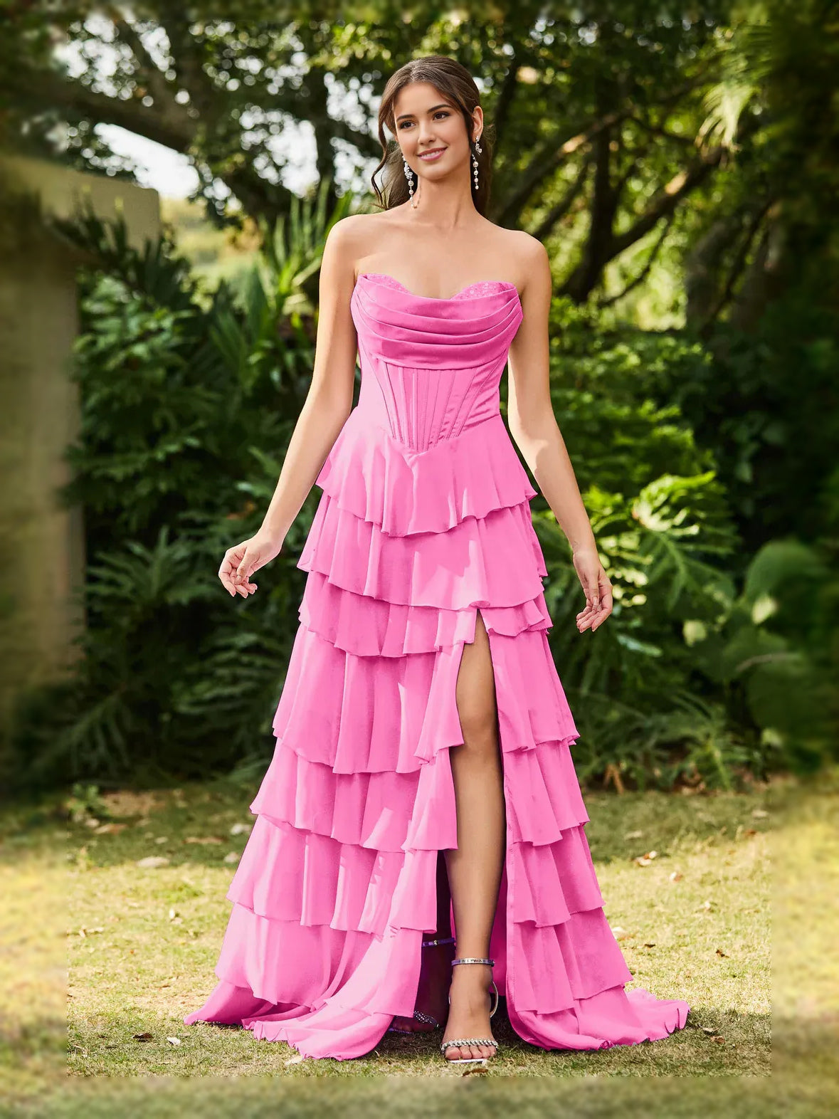 Corset Tiered Slit Strapless A-Line Maxi Chiffon Prom Dress for Formal Dance