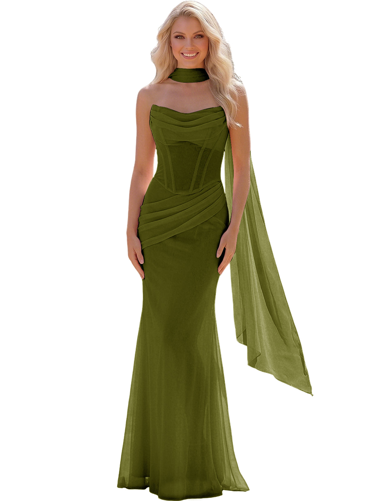 Strapless Chiffon Bridesmaid Gown with Sheer Boned Bodice, Ruched Waist and Scarf