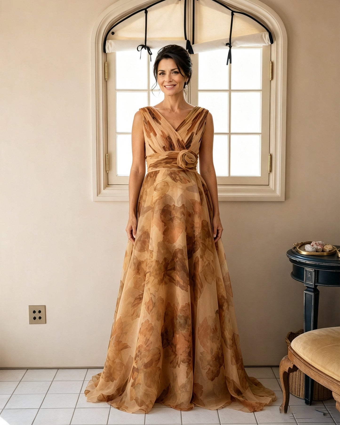 Floral Print V-Neck Chiffon Mother of the Bride Dress with Rosette Sash