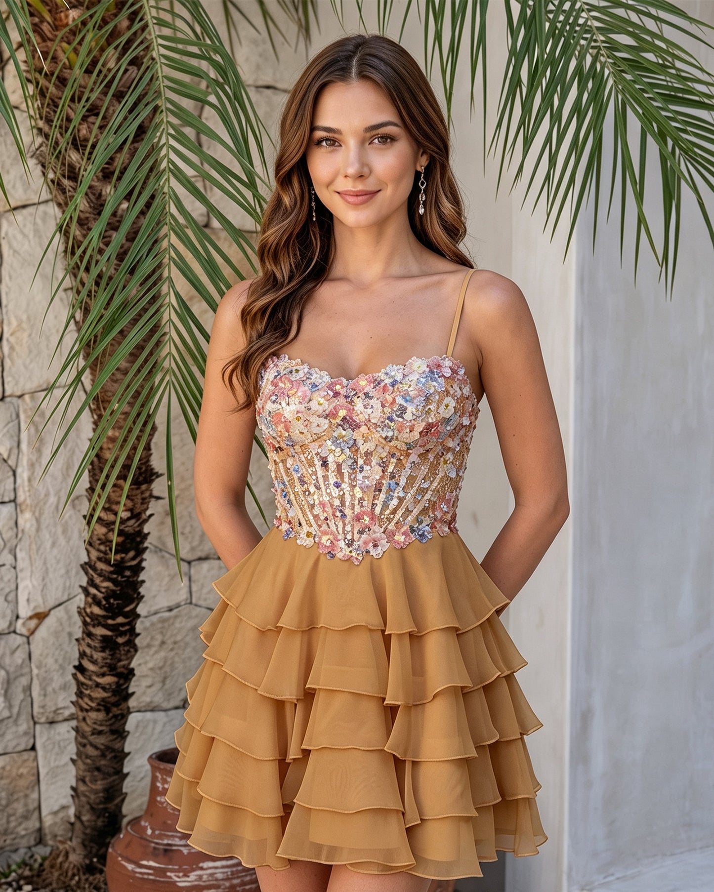 Spaghetti Strap Floral Embroidered Corset Ruffle Mini Homecoming Dress