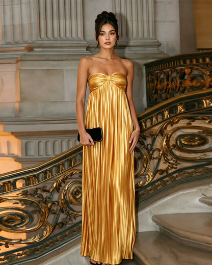 Strapless Pleated Metallic Formal Dress with Sweetheart Bodice