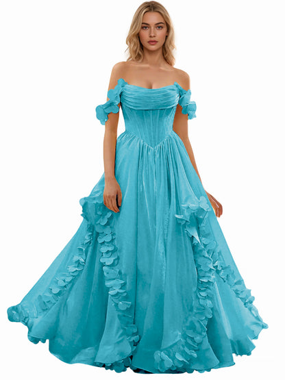 Off Shoulder Ruffle Tulle Ball Gown Prom Dress with Floral Applique