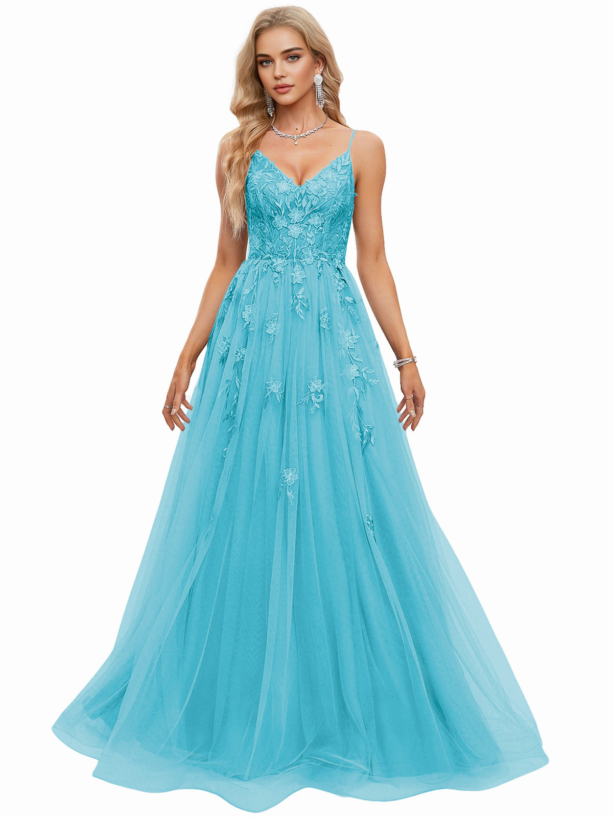 Beaded Bodice Tulle Ball Gown Prom Dress with Spaghetti Straps