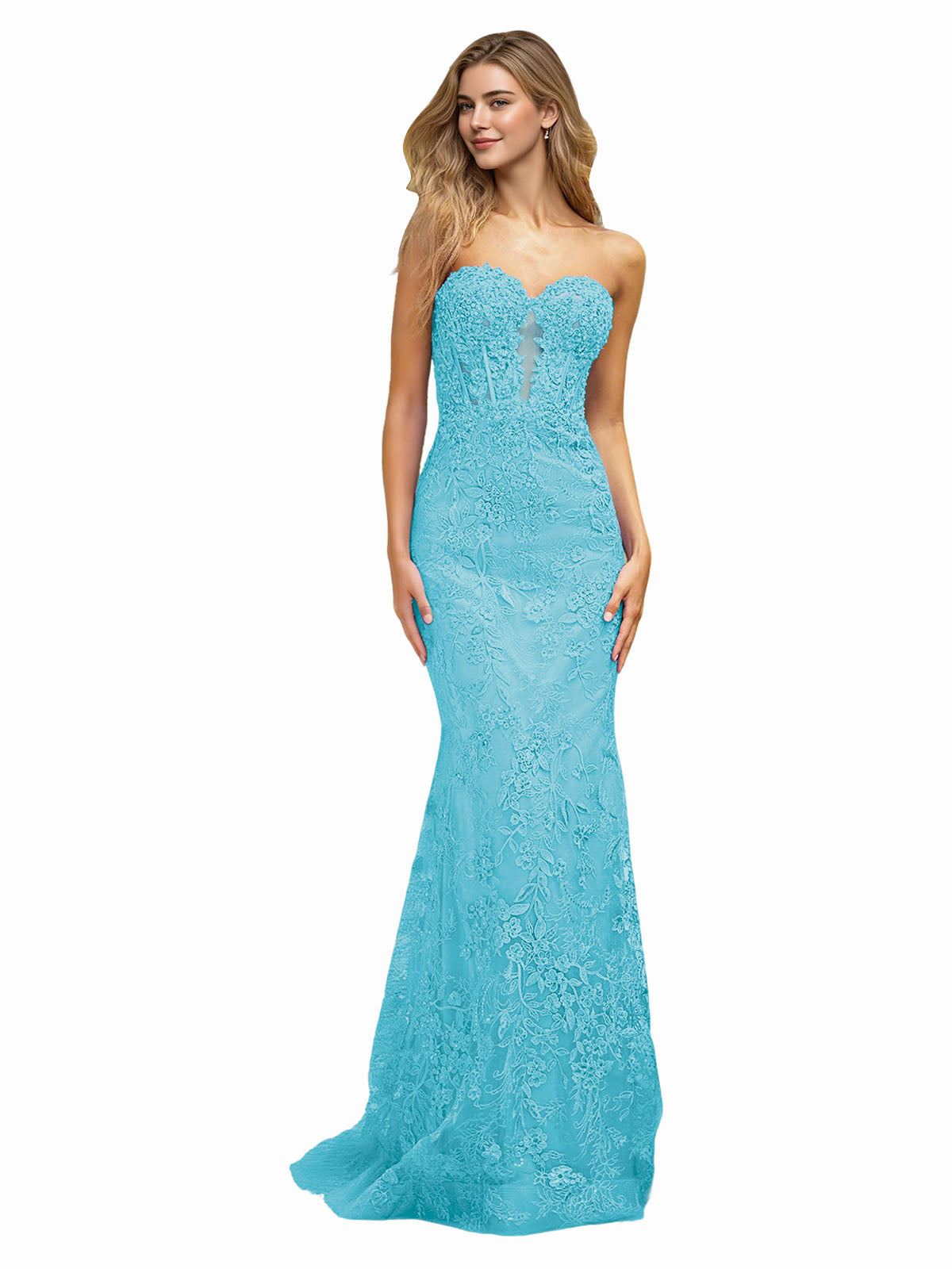 Strapless Floral Lace Mermaid Prom Dress with Sparkle Applique and Train