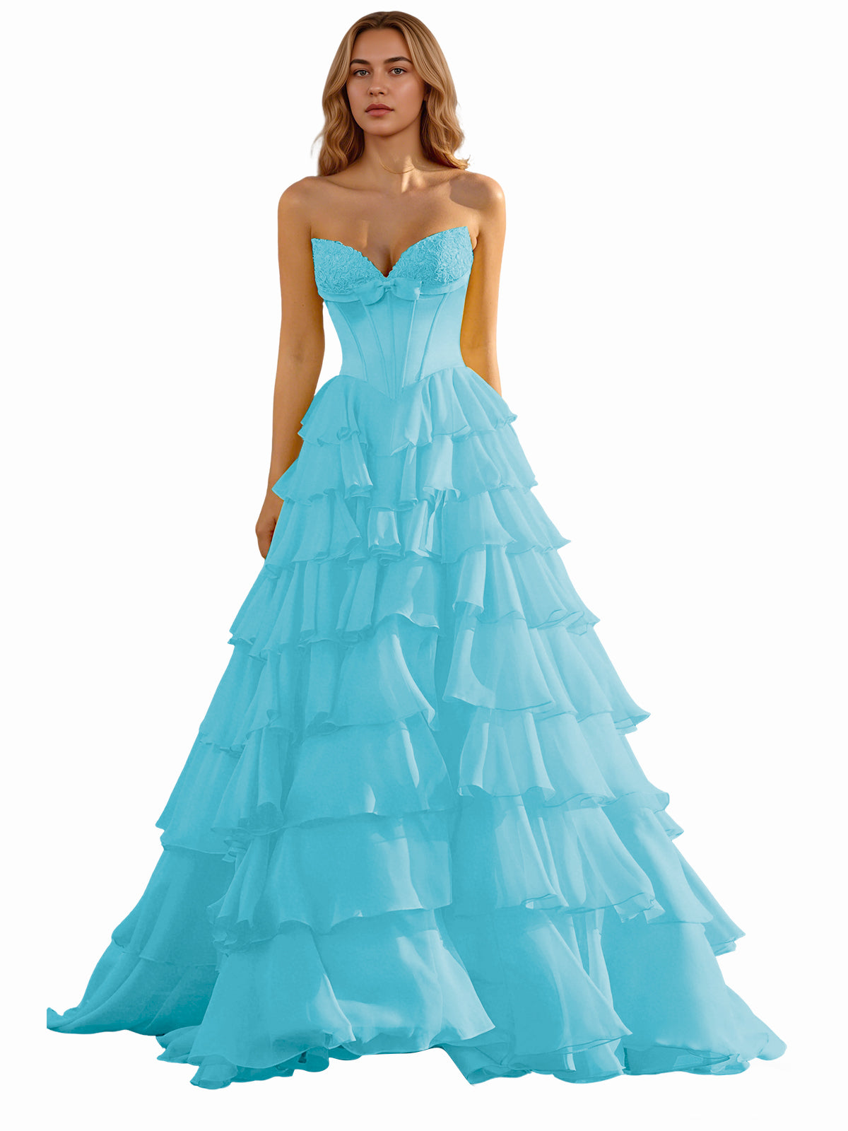 Strapless Tiered Organza Ball Gown Prom Dress with Corset Top