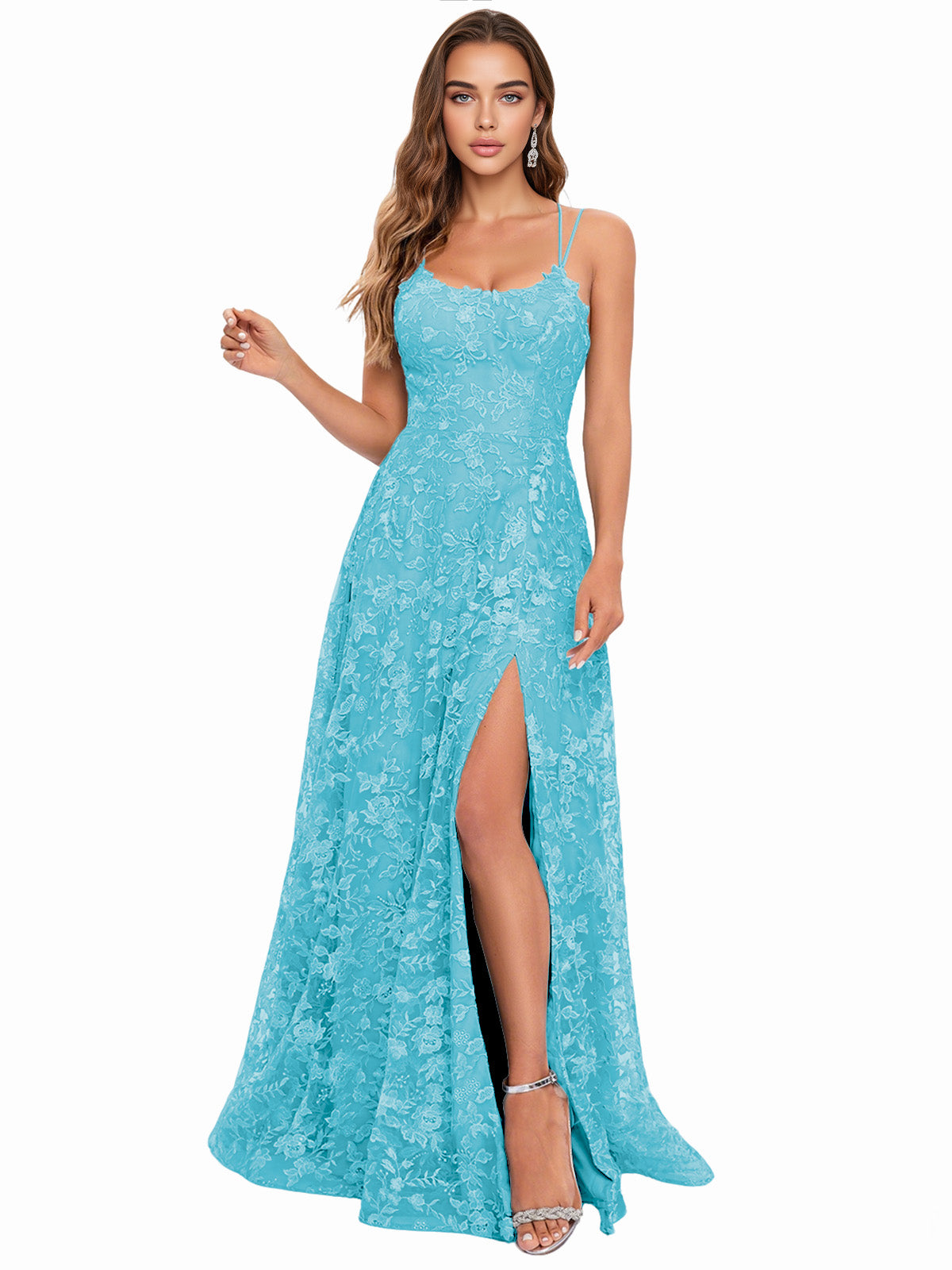 Scoop Neck Lace A-Line Prom Dress with Spaghetti Straps and Side Slit