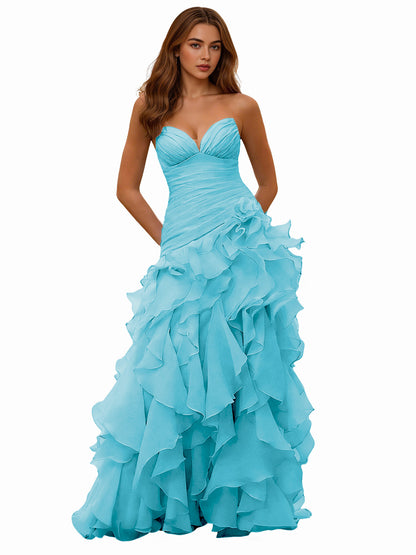 Strapless Organza Ruffle Ball Gown Prom Dress with Draped Corset Bodice