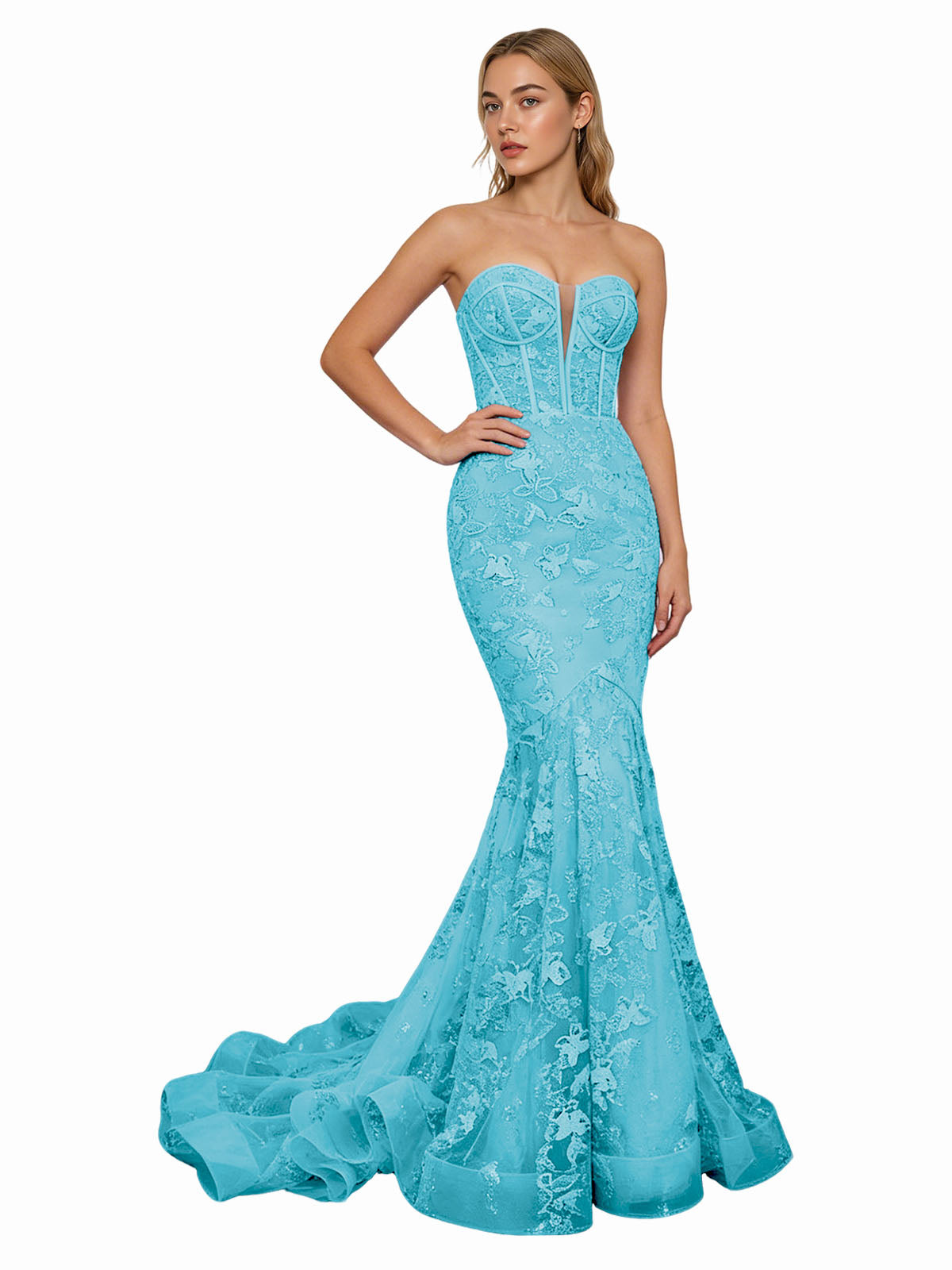 Strapless Lavender Lace Mermaid Prom Dress with Sheer Corset and Train