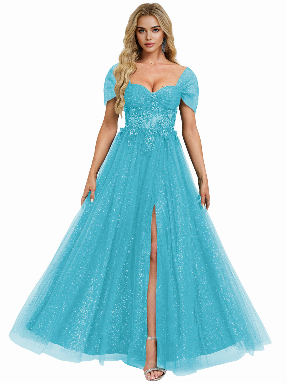 Short Sleeve Glitter Tulle Prom Dress with Illusion Bodice and Slit