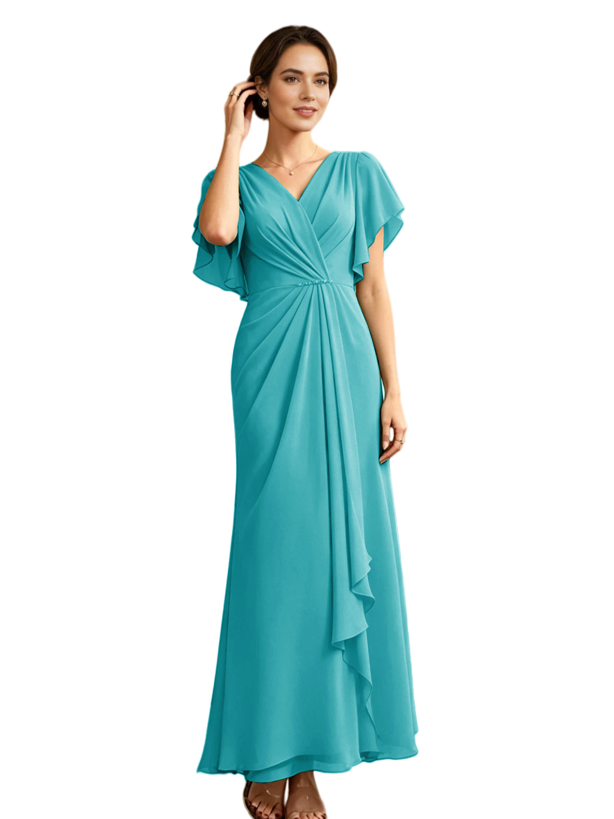 Long Chiffon Mother of the Bride Dress V-Neck Flutter Sleeve A-Line Gown with Beaded Waist