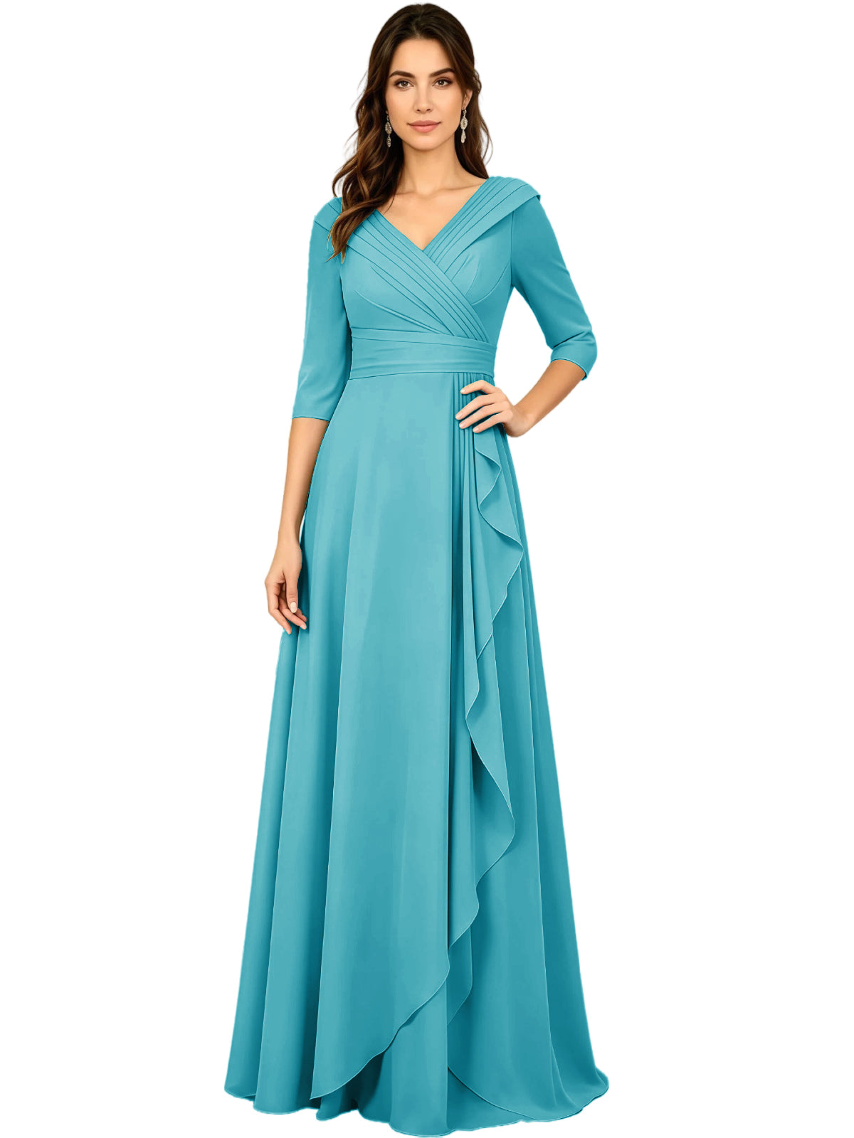 Long V-Neck Mother of the Bride Dress Chiffon Half Sleeve A-Line Gown with Side Ruffle