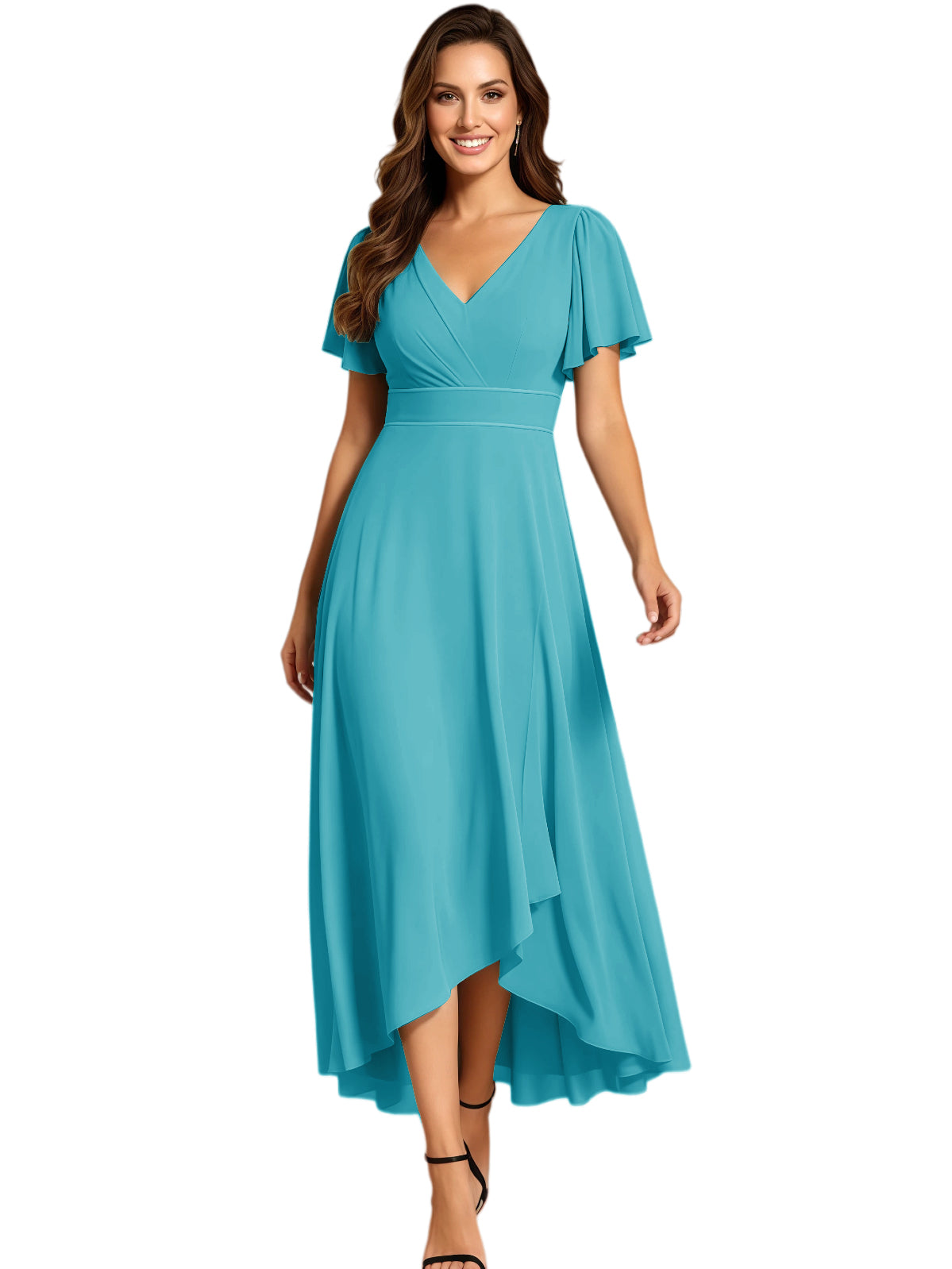 High Low Mother of the Bride Dress V-Neck Flutter Sleeve Chiffon Formal Gown