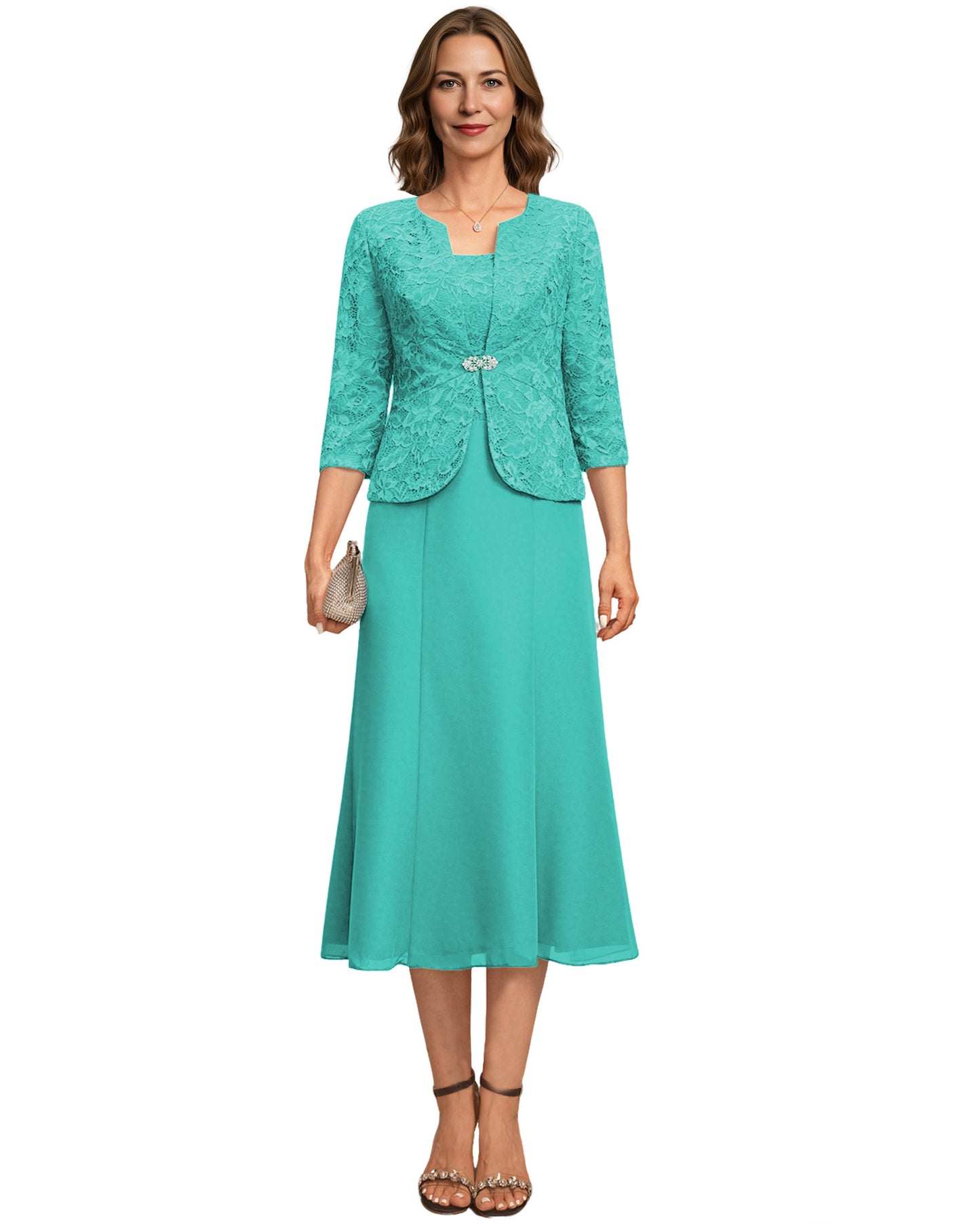Tea Length Mother of the Bride Dress Lace Jacket Chiffon A-Line Wedding Guest Outfit