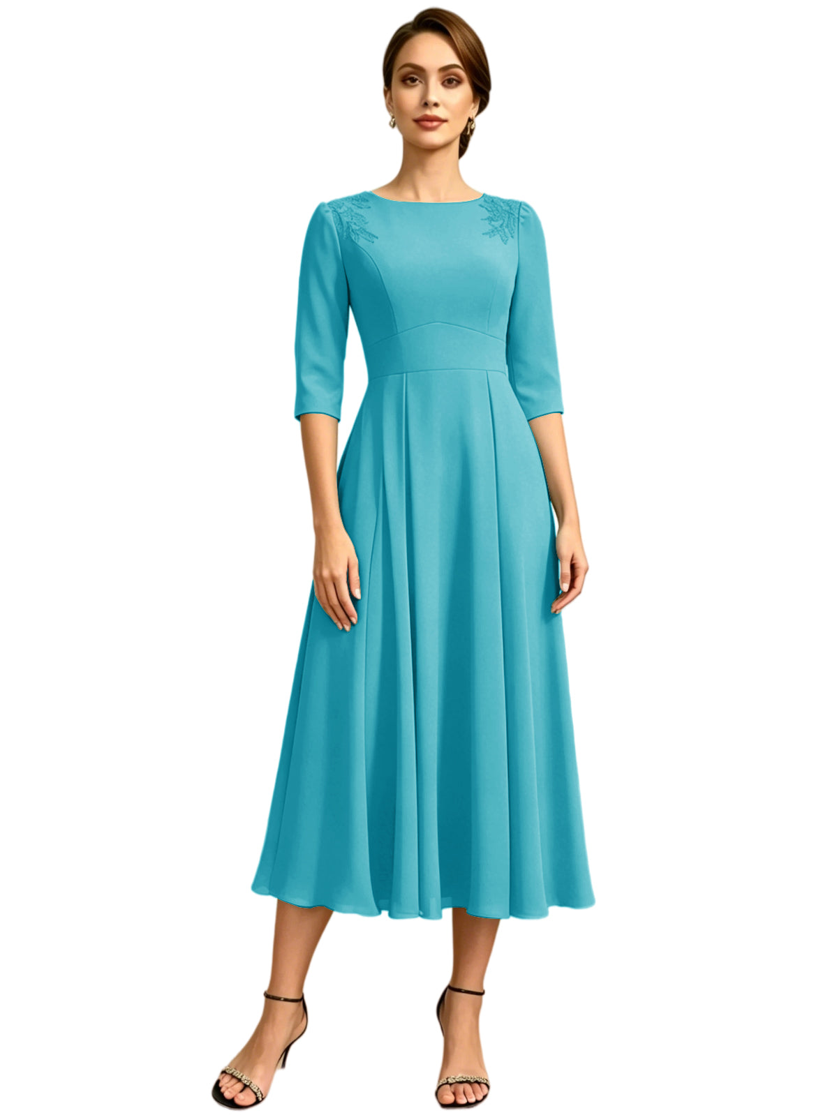 Tea Length Mother of the Bride Dress Jewel Neck Chiffon A-Line Formal Gown with Embroidery