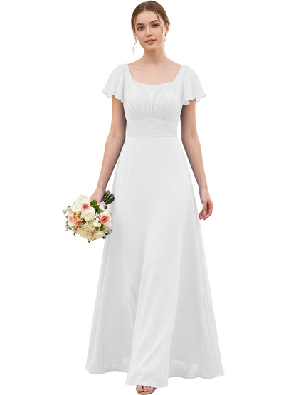 Square Neck Chiffon Bridesmaid Dress with Flutter Sleeves and Lace-Up Back