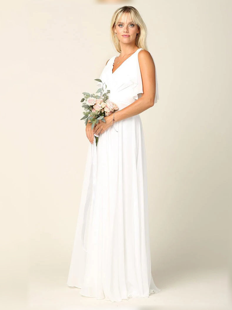Ruffled V Neck A-Line Maxi Chiffon Bridesmaid Dress for Wedding Reception