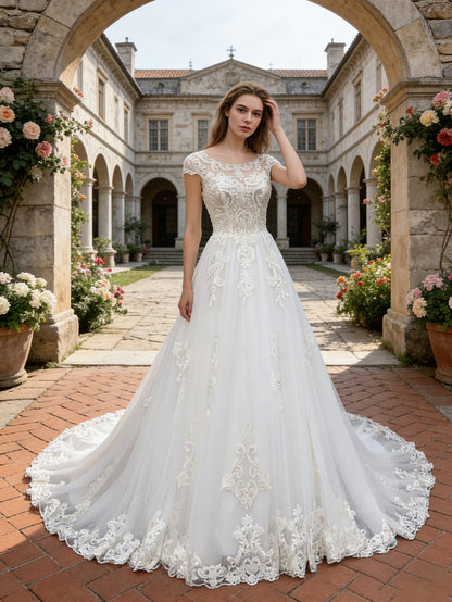 Off Shoulder Lace A-Line Wedding Dress with Floral Applique Train