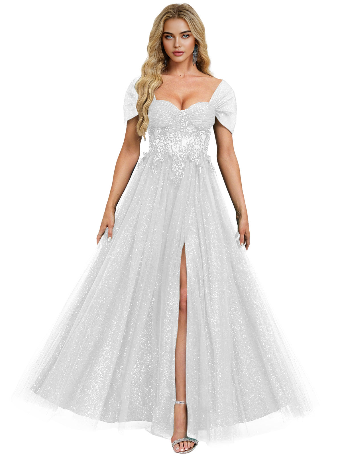Short Sleeve Glitter Tulle Prom Dress with Illusion Bodice and Slit