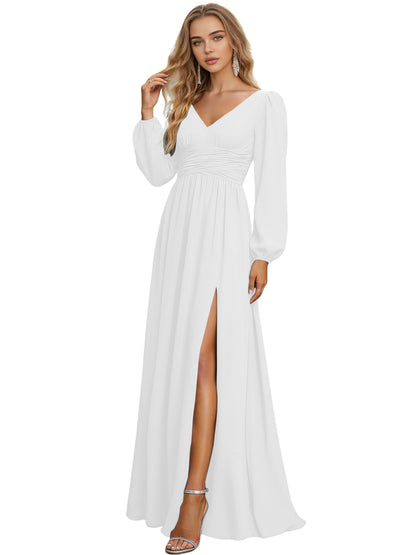 Long Sleeve V-Neck Chiffon Bridesmaid Dress with Front Slit
