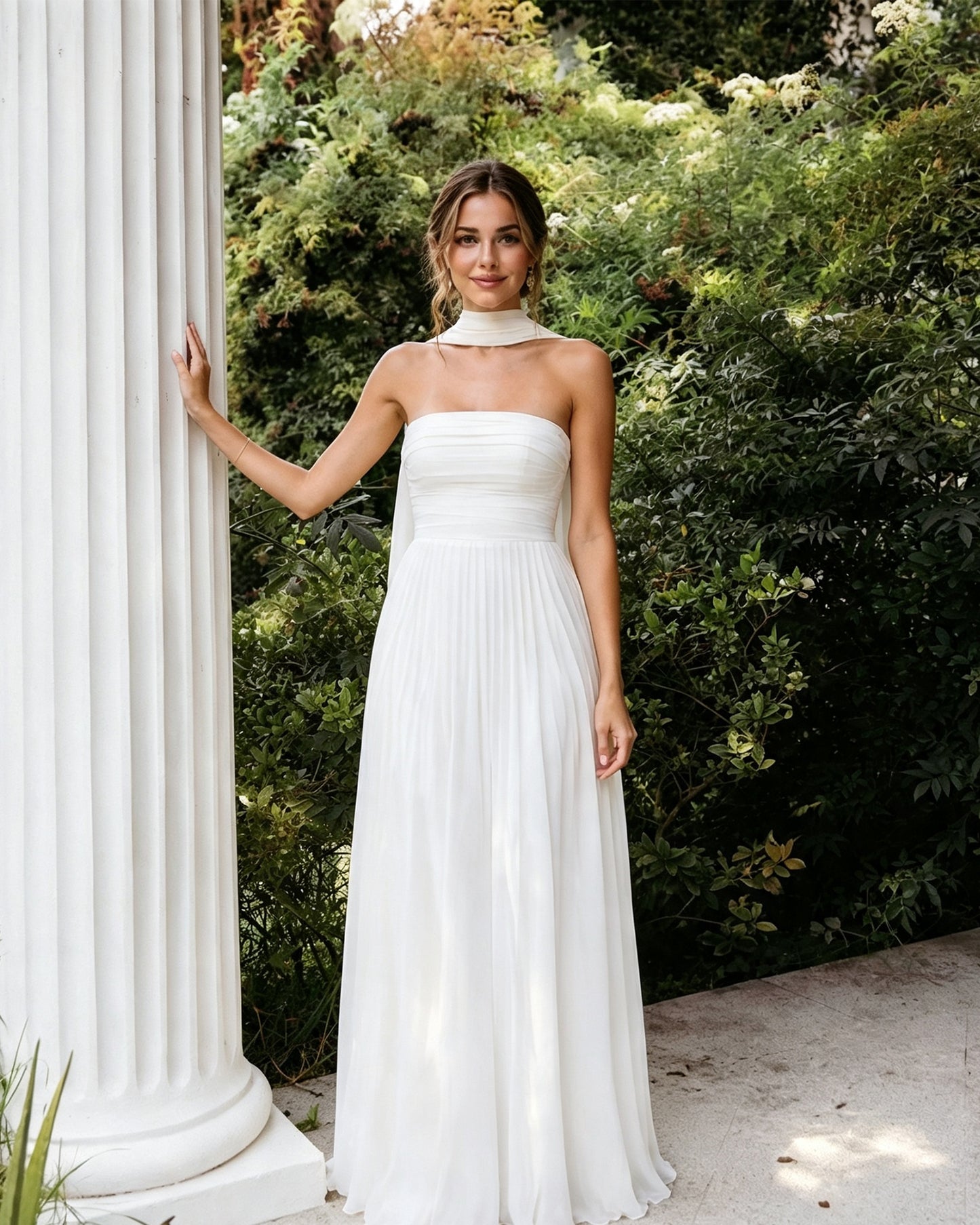 Strapless Chiffon A-Line Bridesmaid Dress with Neck Scarf and Lace-Up Back